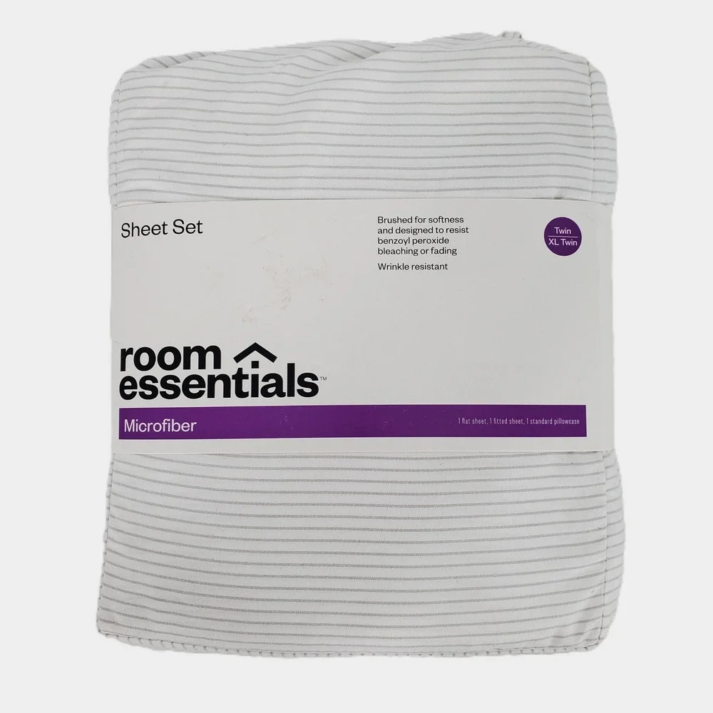 Room Essentials Twin XL Gray Stripe Microfiber‎ Sheet Set 3pc Wrinkle Resistant
